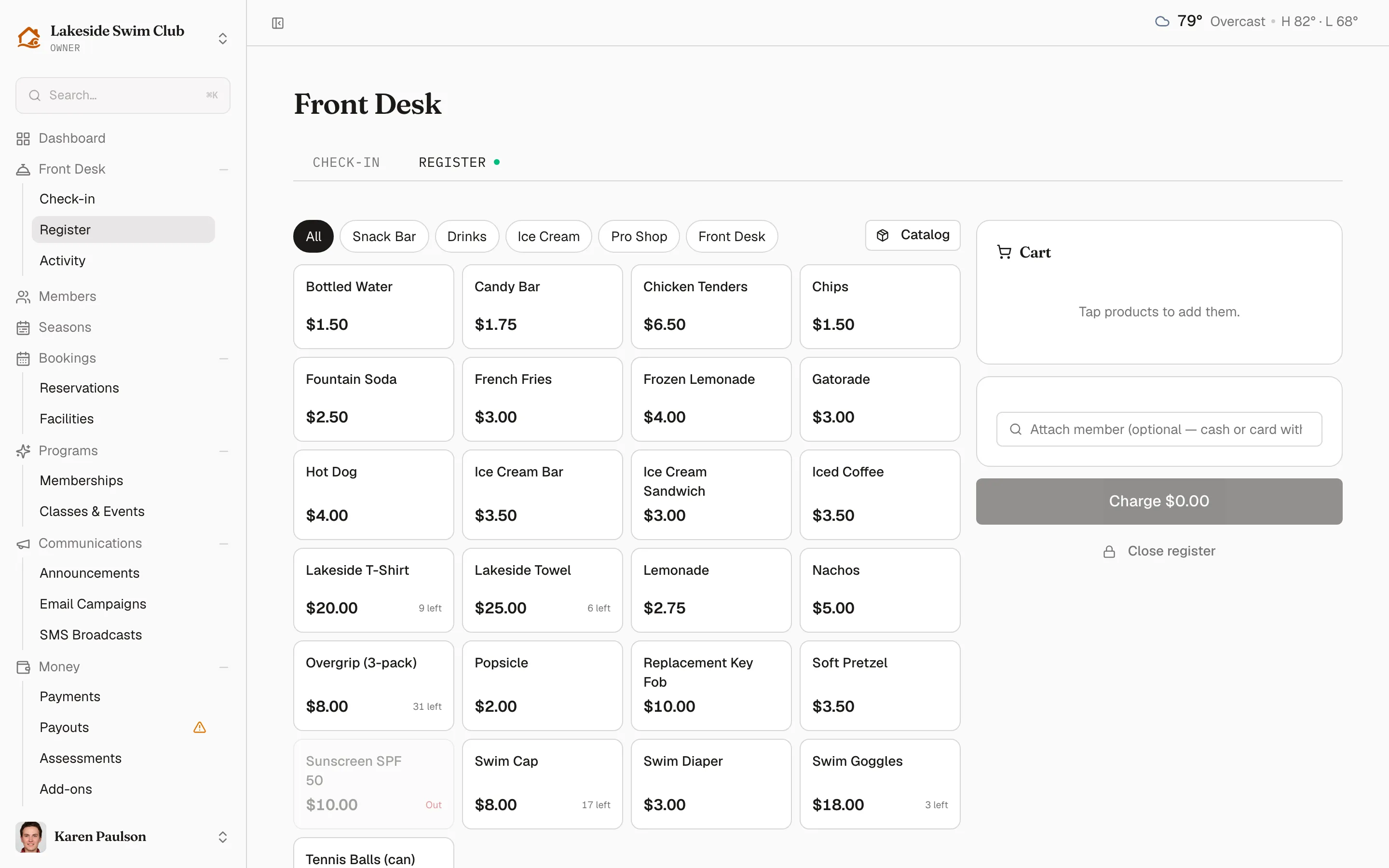 The open register with the product grid, category chips, the cart, and recent orders