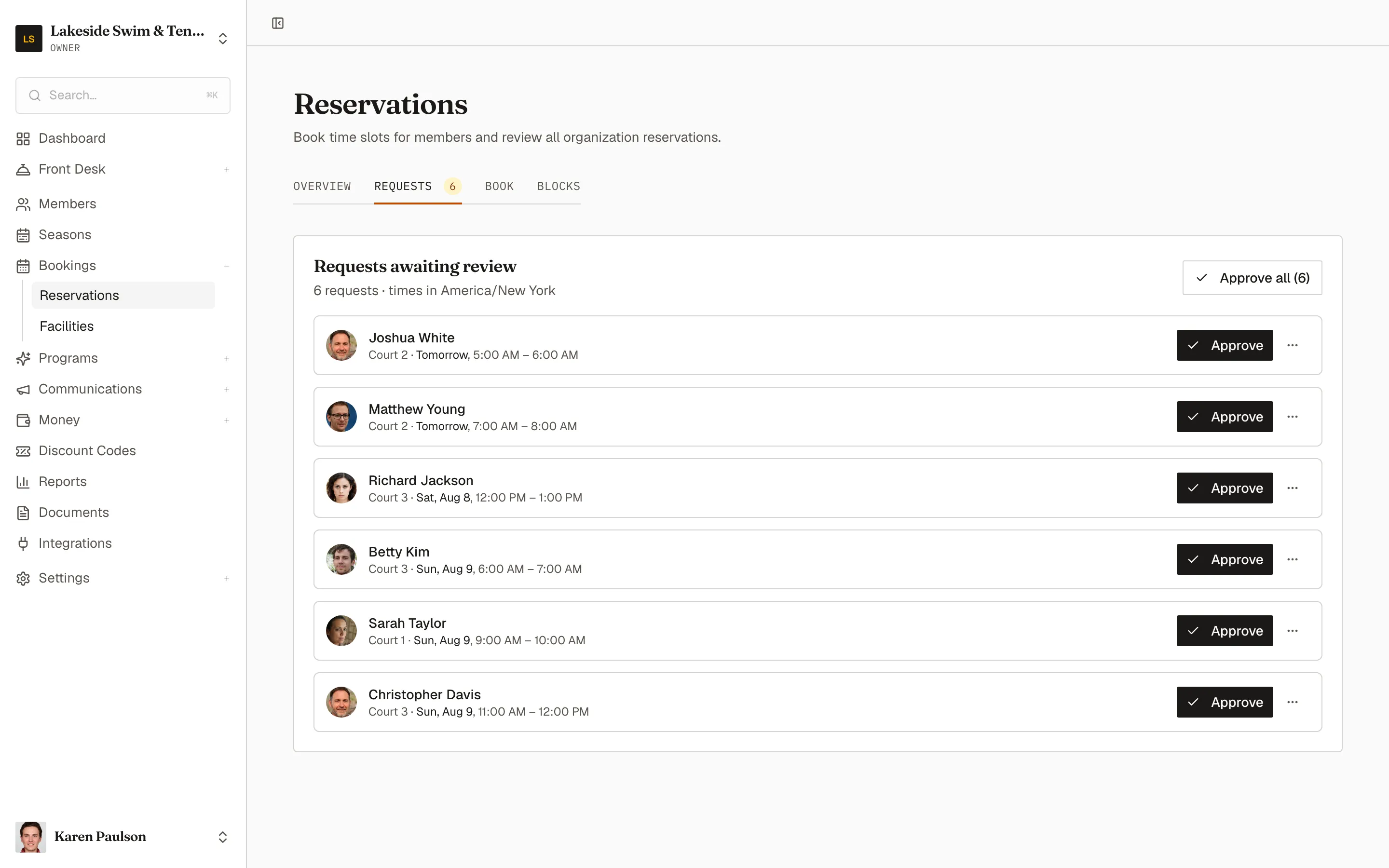 The Requests queue with pending reservation requests, same-time groupings, and the Approve all button