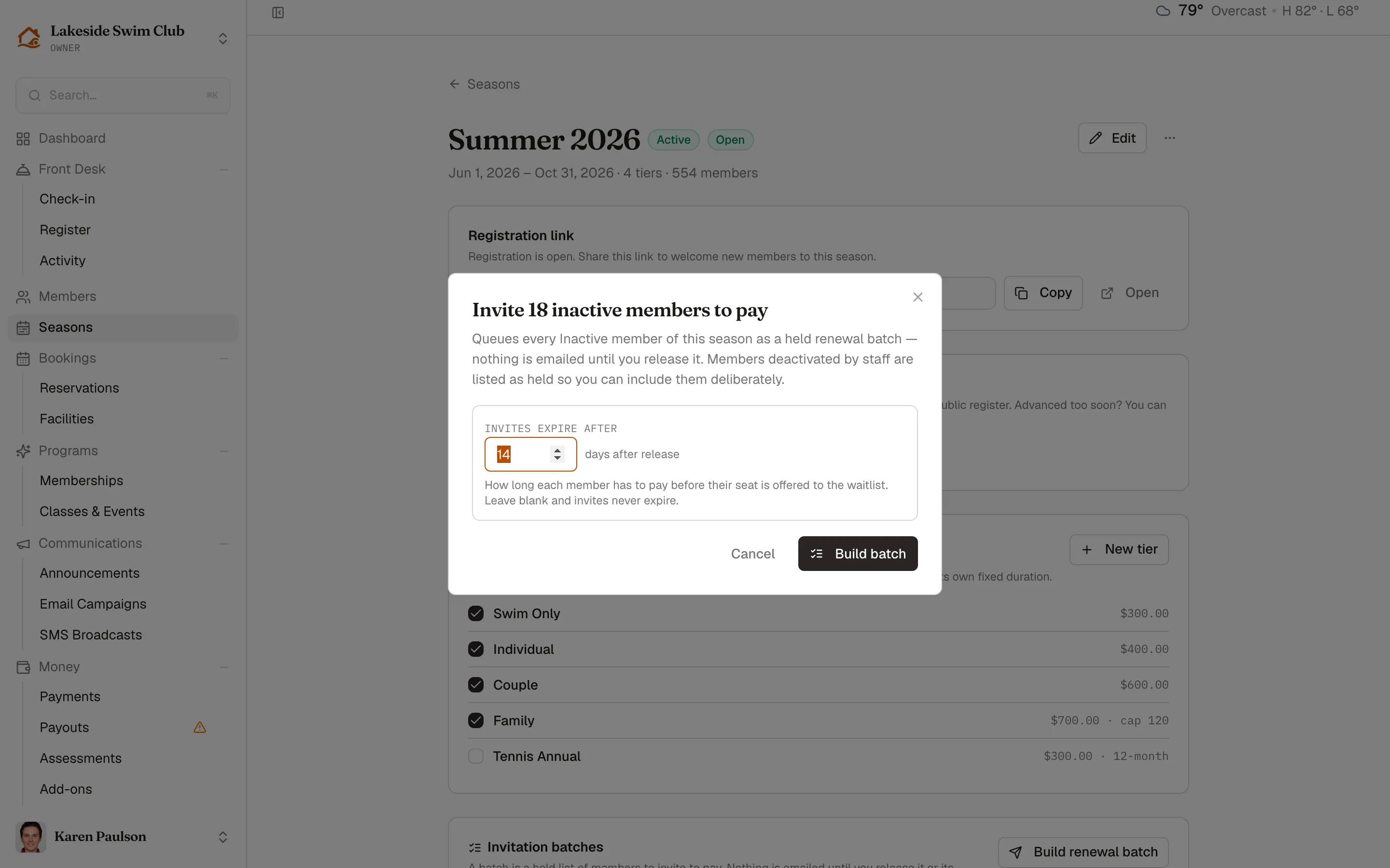 The dialog for building a renewal batch from a season’s inactive members, with the invite expiry field