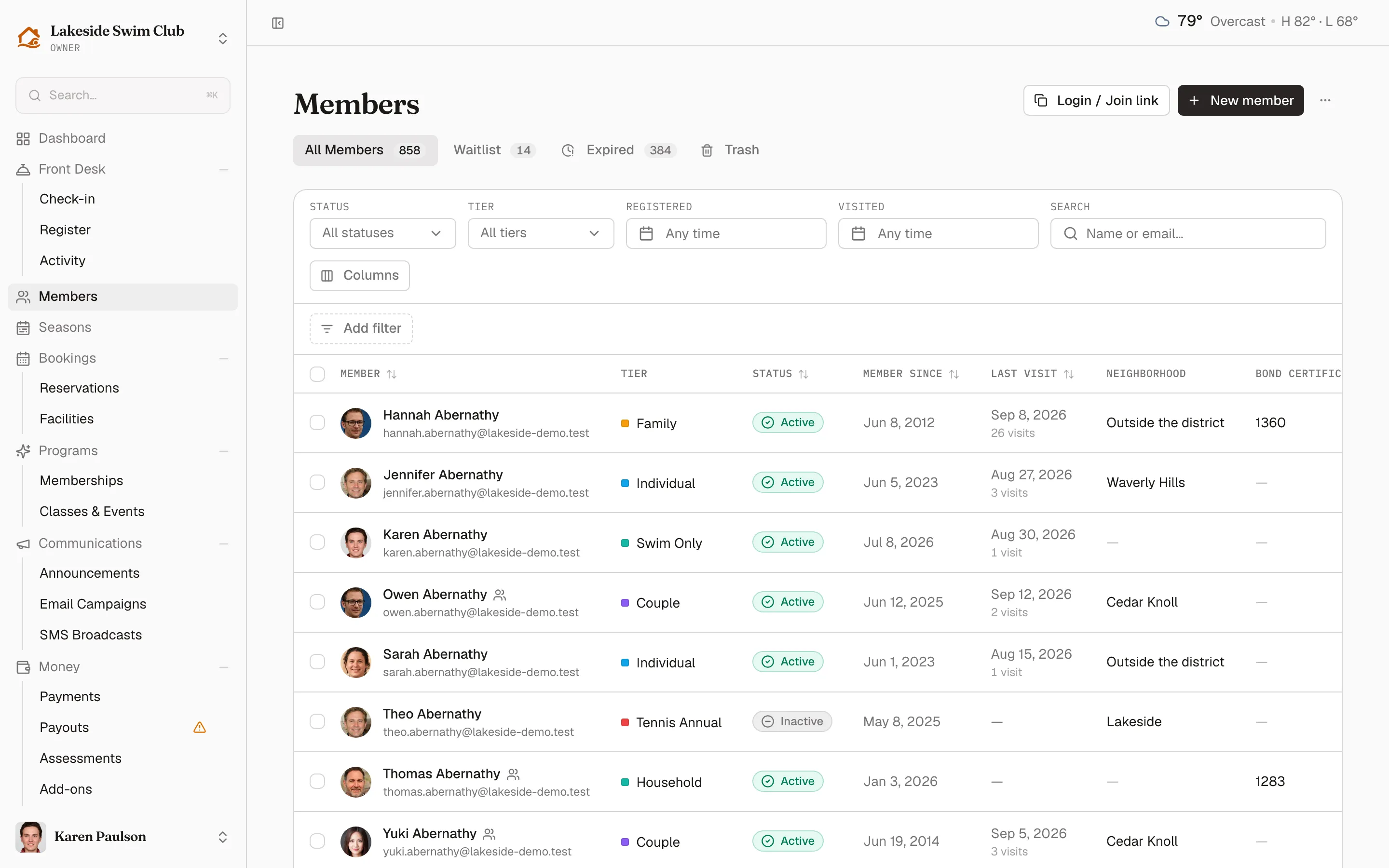 The member roster with the Share links panel above it, showing the invite URL, the Copy login/join button, and the Invite code active checkbox