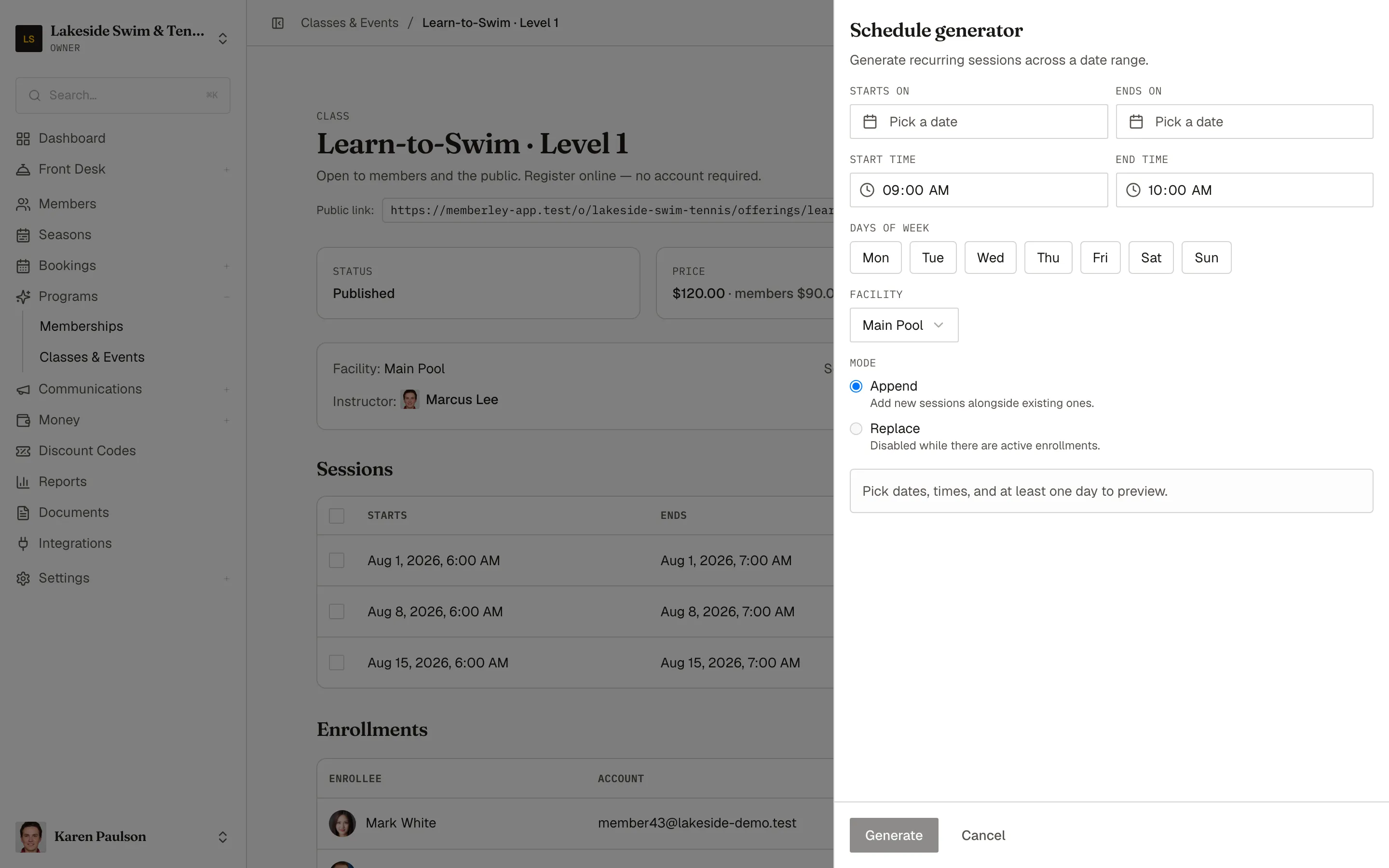The Schedule generator drawer with date range, start and end times, days-of-week picker, facility, and Append or Replace modes