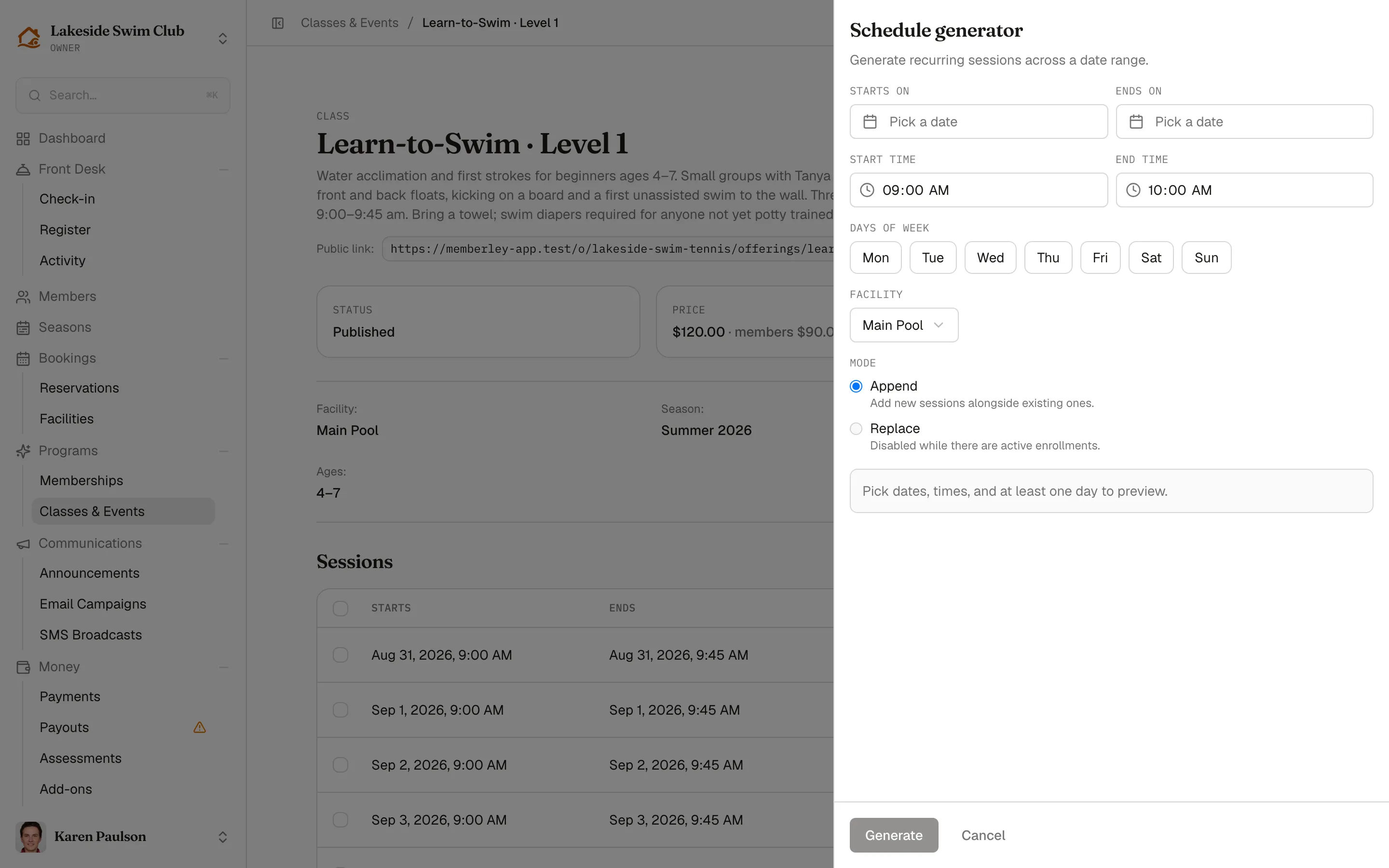 The Schedule generator drawer with date range, start and end times, days-of-week picker, facility, and Append or Replace modes
