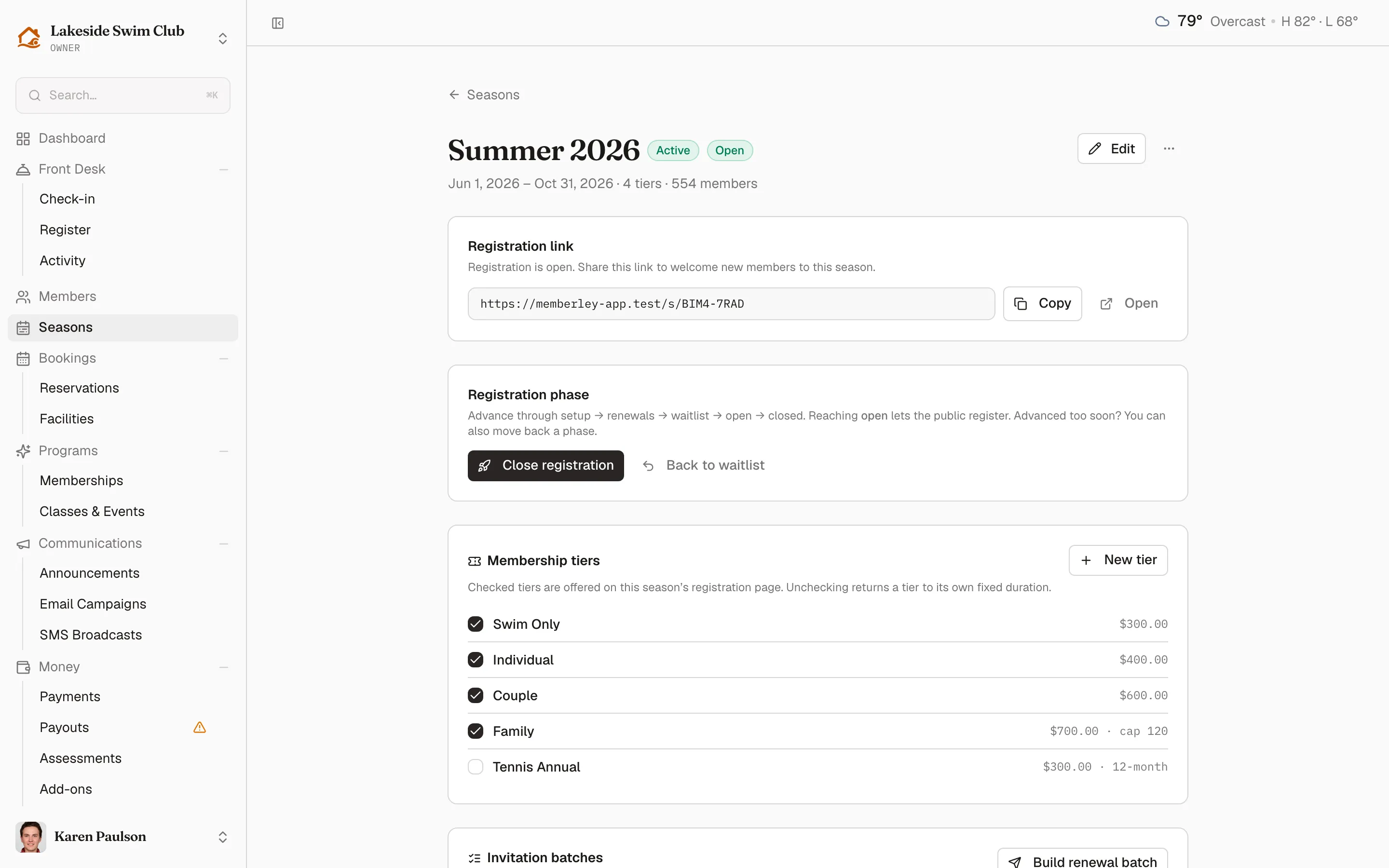The Summer 2026 season page with its registration link, the phase controls, and the membership tiers card