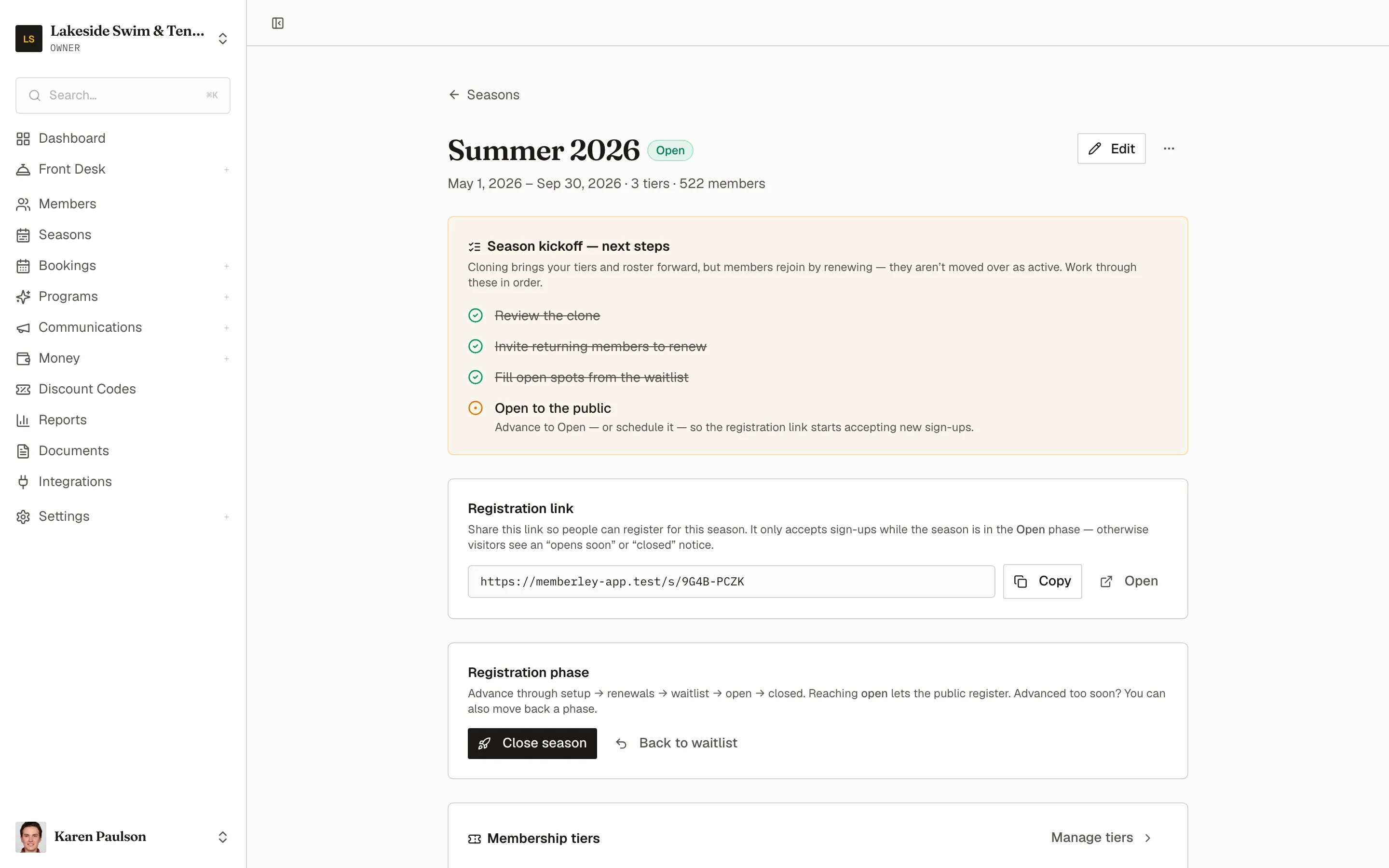 The Summer 2026 season page in the open phase, with the kickoff checklist on its final step and the registration phase controls