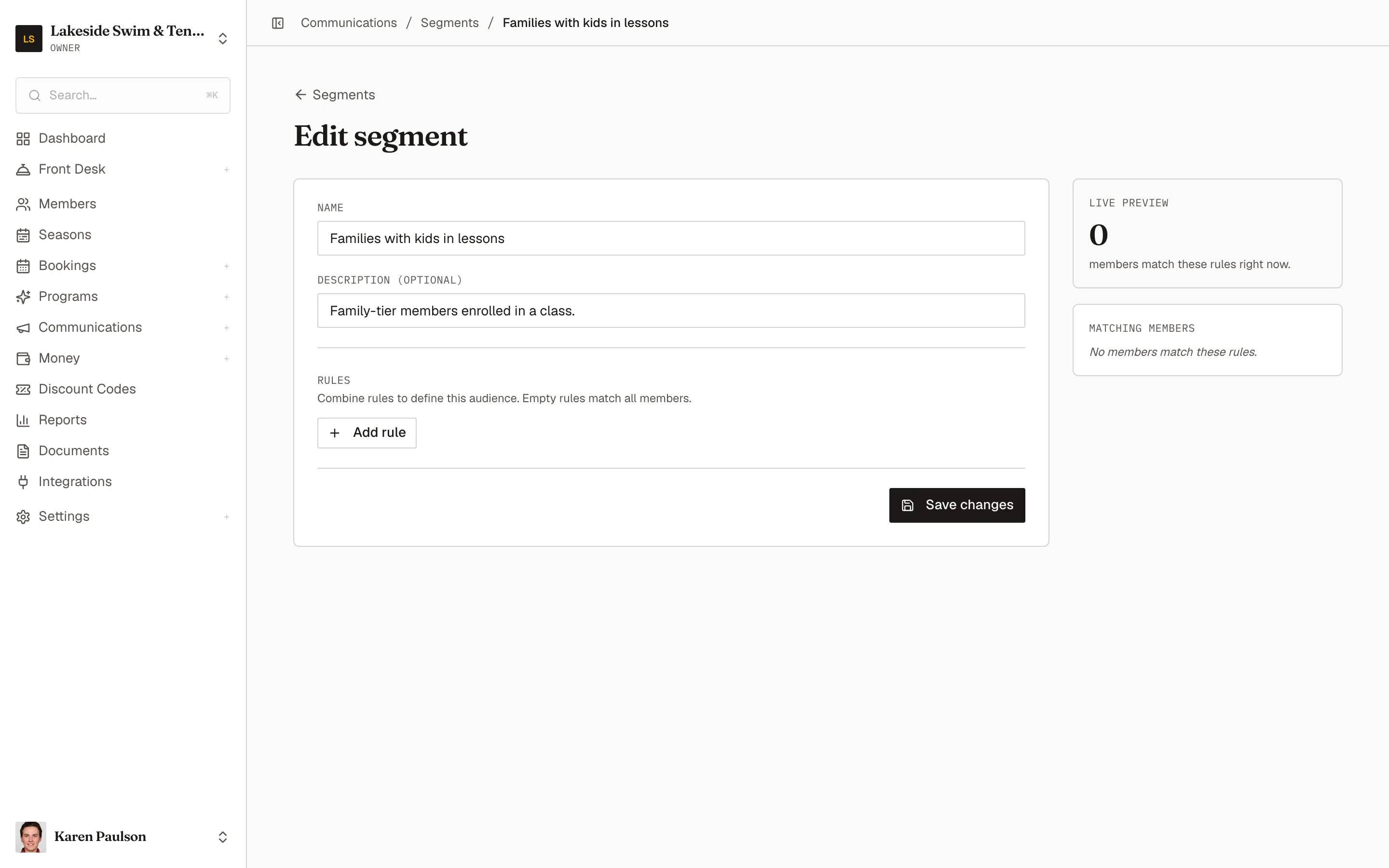 The segment builder editing Families with kids in lessons, with its rules on the left and the live preview count and matching members beside them