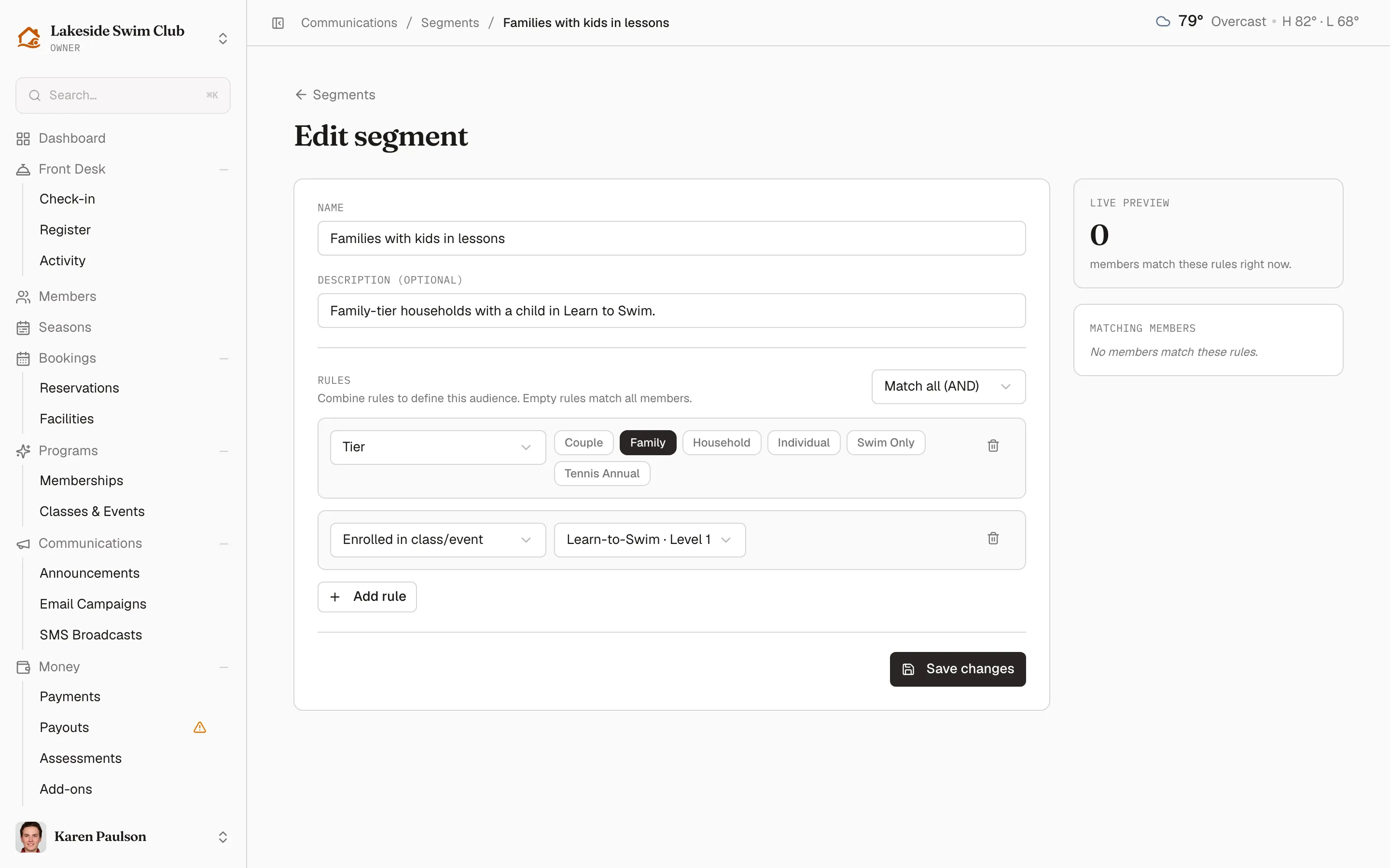 The segment builder editing Families with kids in lessons, with its rules on the left and the live preview count and matching members beside them