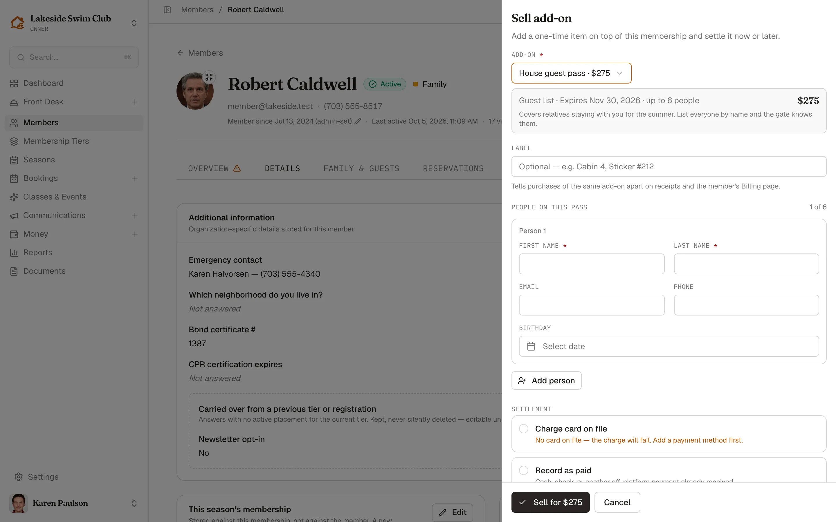 The Sell add-on drawer with the item, a named person, and the three settlement options