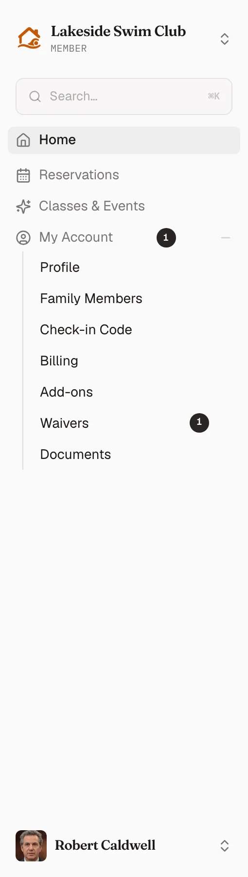 The member sidebar: Home, Reservations, Classes & Events, and an expanded My Account group