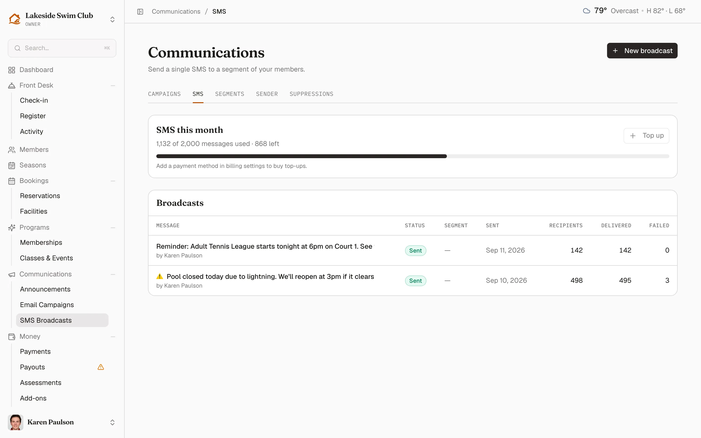 The SMS broadcasts list with the monthly usage card and the history of sent broadcasts