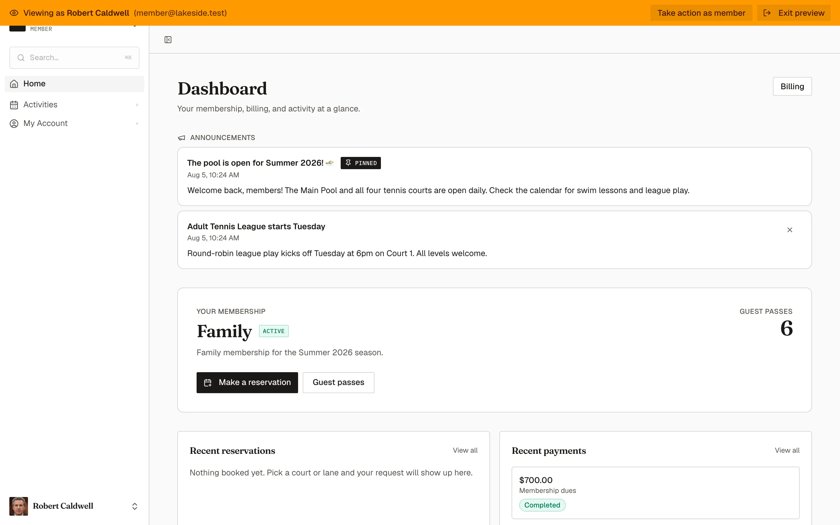 Robert Caldwell’s member dashboard seen through a preview, with the amber Viewing as banner and its Take action as member and Exit preview buttons