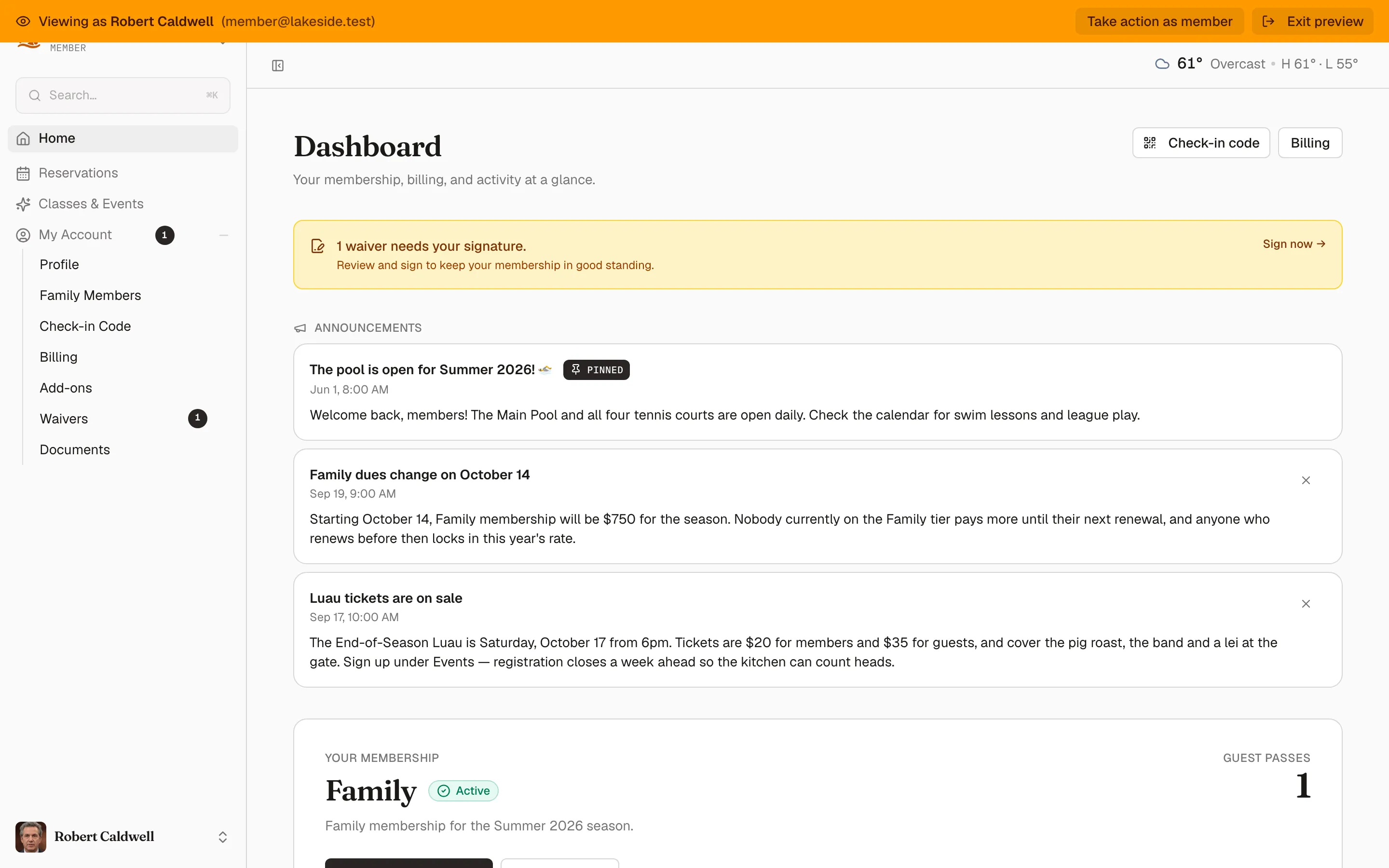 Robert Caldwell’s member dashboard seen through a preview, with the amber Viewing as banner and its Take action as member and Exit preview buttons