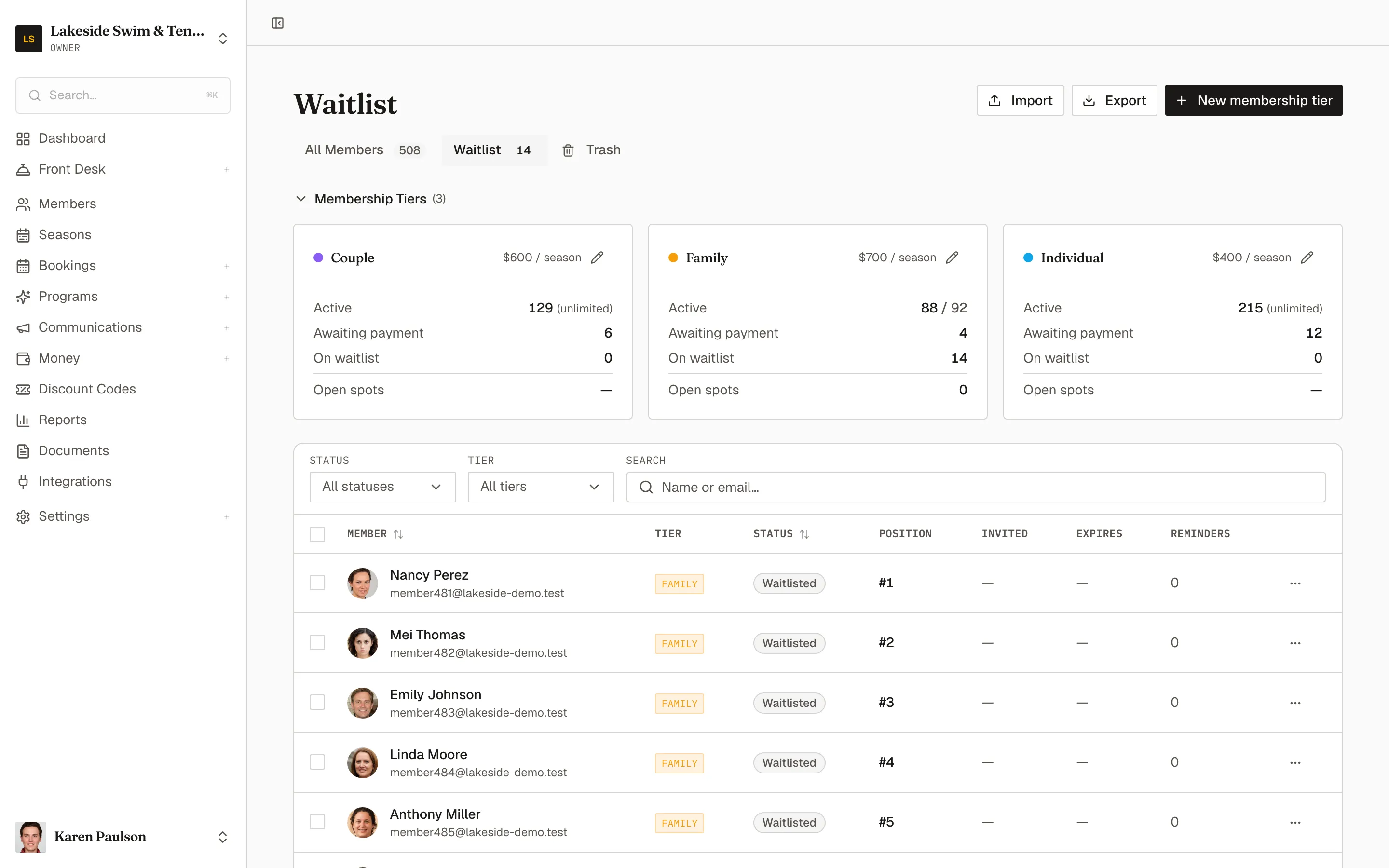 The Waitlist page with tier capacity cards for the Couple, Family, and Individual tiers above the queue of waitlisted members and their positions