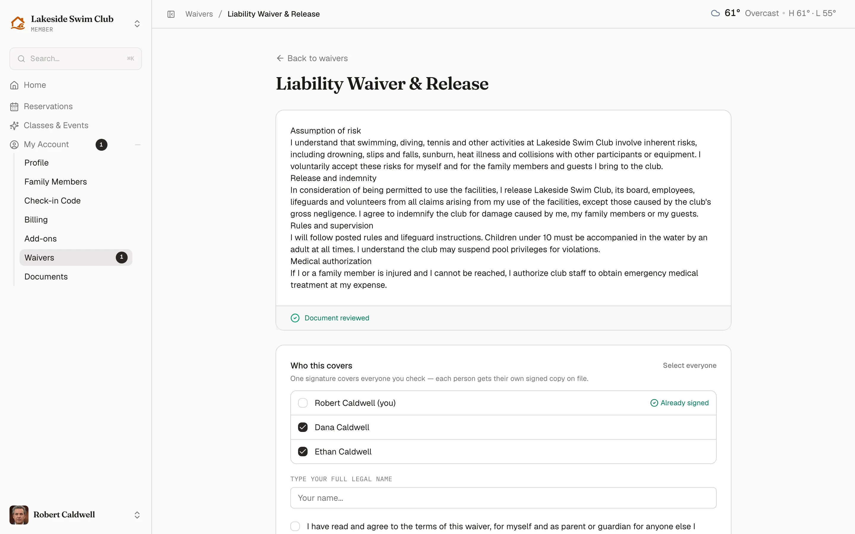 A waiver open for signing: the scrollable document, a Document reviewed confirmation, a Who this covers list, and the name and agreement fields