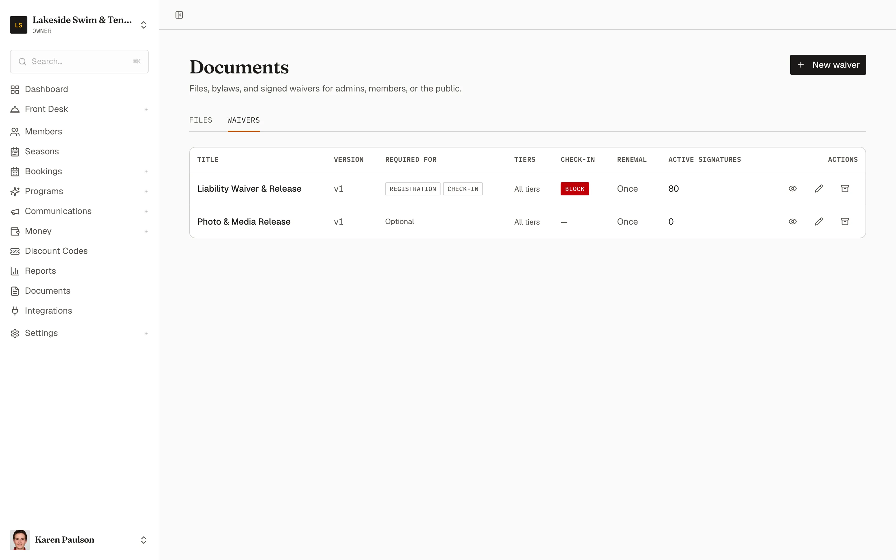 The waivers list with each waiver’s status, signature counts, tier scope, and check-in enforcement