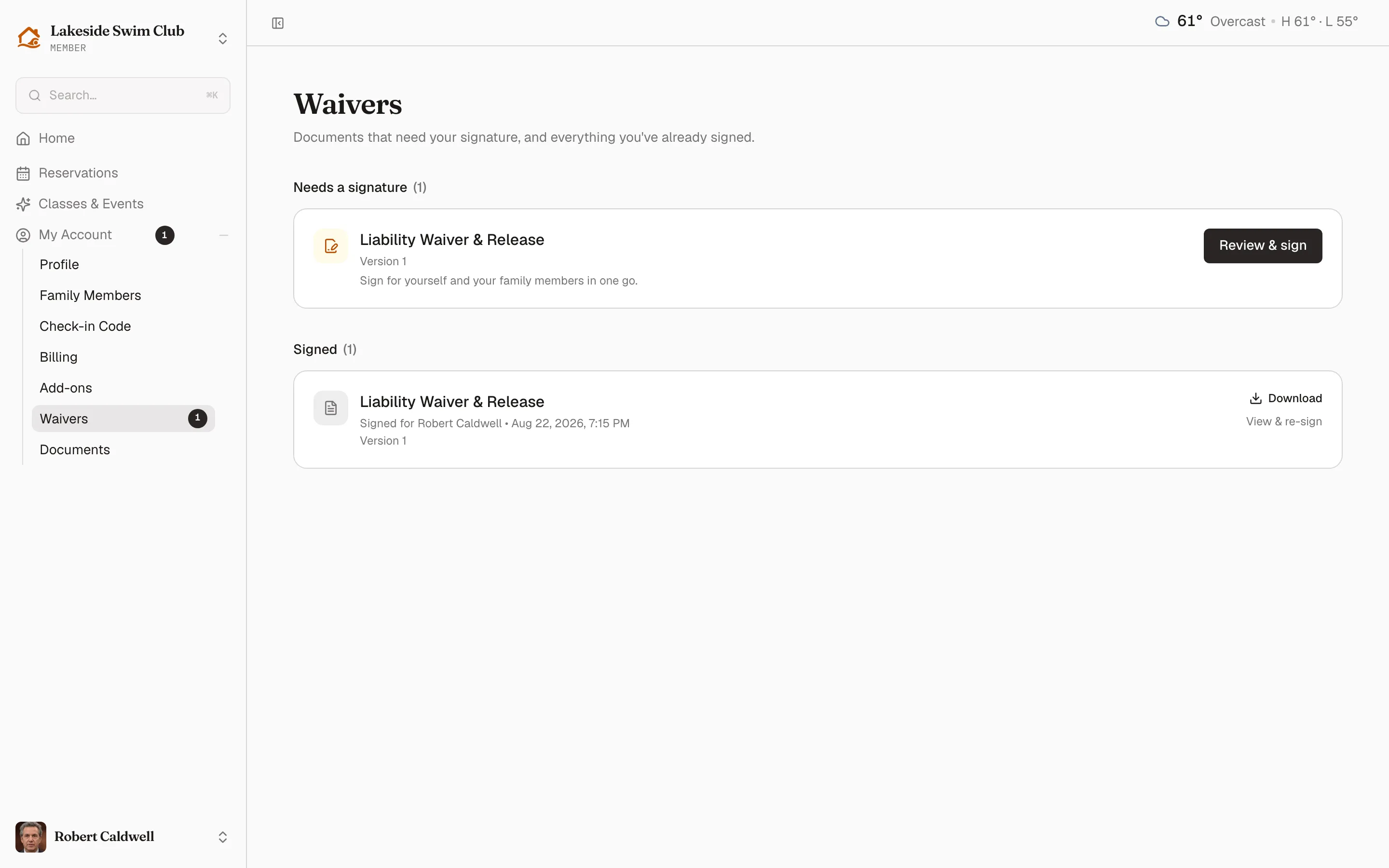 The member waivers page: a Needs a signature section with a Review & sign button, and a Signed section with download and re-sign links