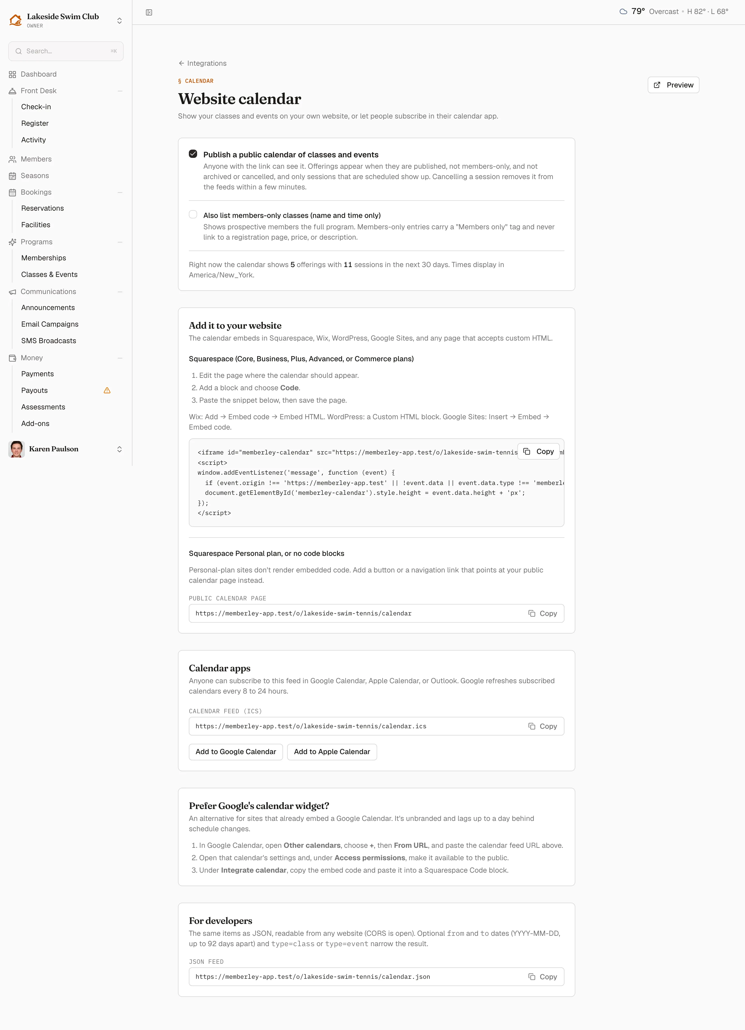 The Website calendar settings with the calendar published, the members-only option, and the embed snippet